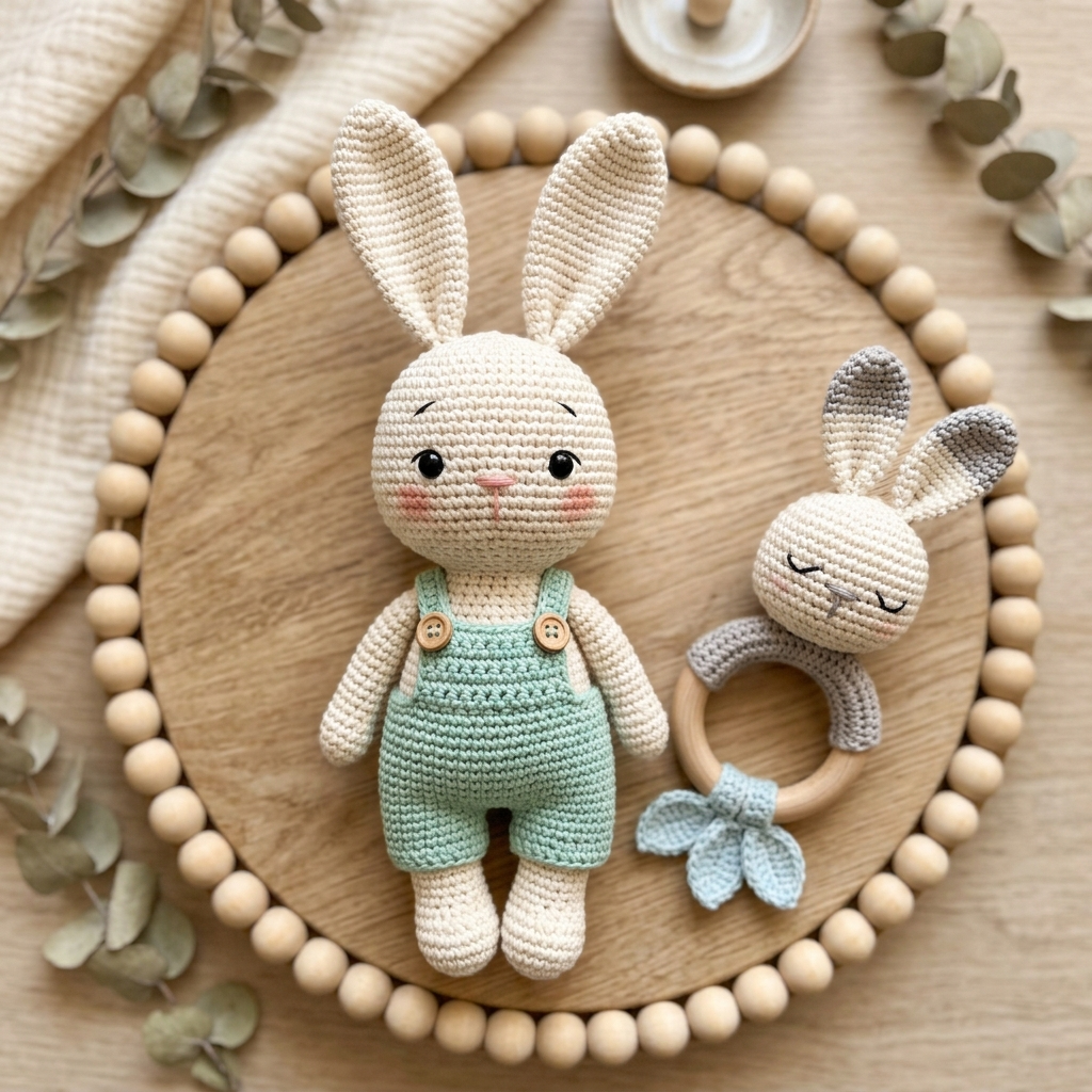 Adorable Crochet Bunny Amigurumi & Matching Baby Rattle Set