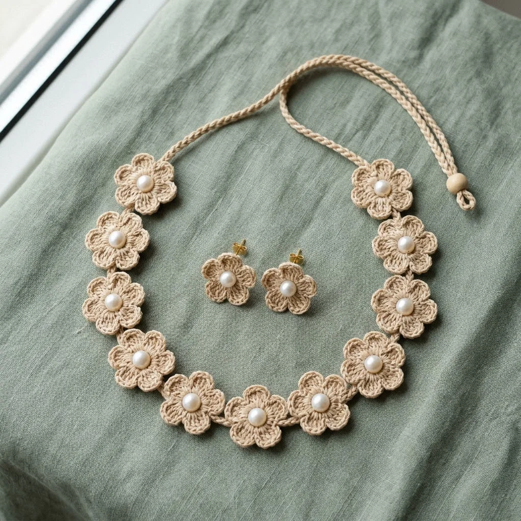 DIY Crochet Flower Necklace & Earrings Set with Pearl Centers